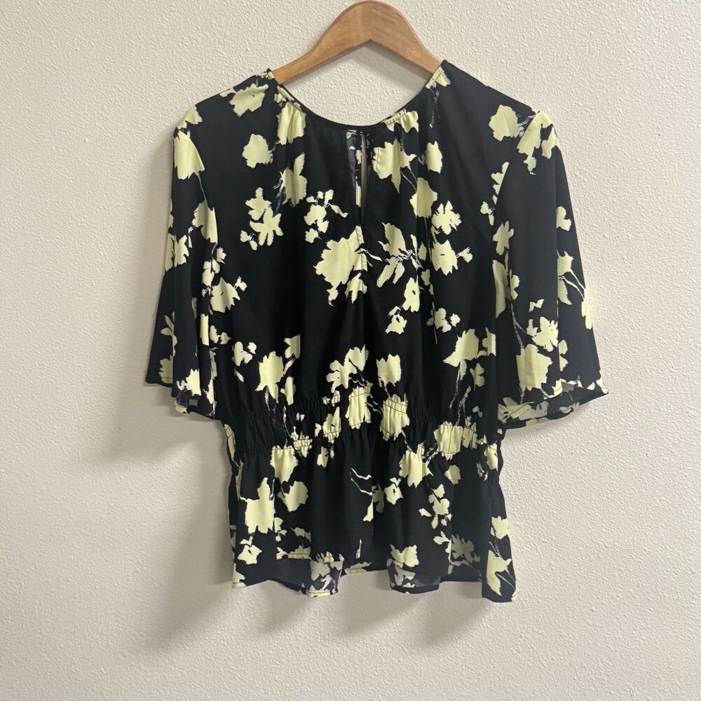 Open Edit Black Yellow Floral Peplum Blouse 2XL Short Sleeve